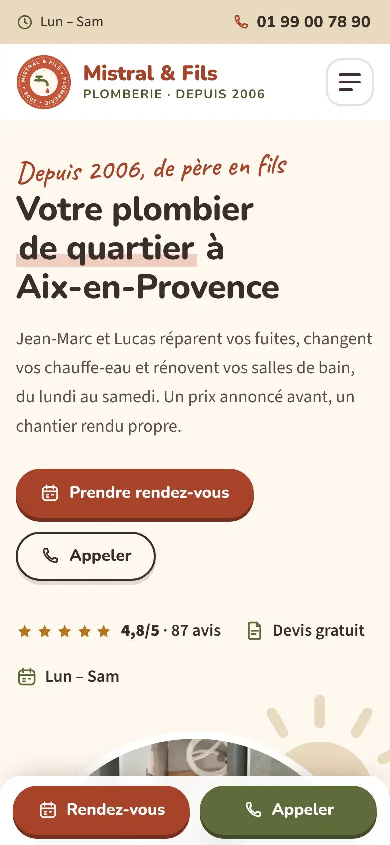 Haut de la page d'accueil du projet modèle Mistral & Fils, sur téléphone