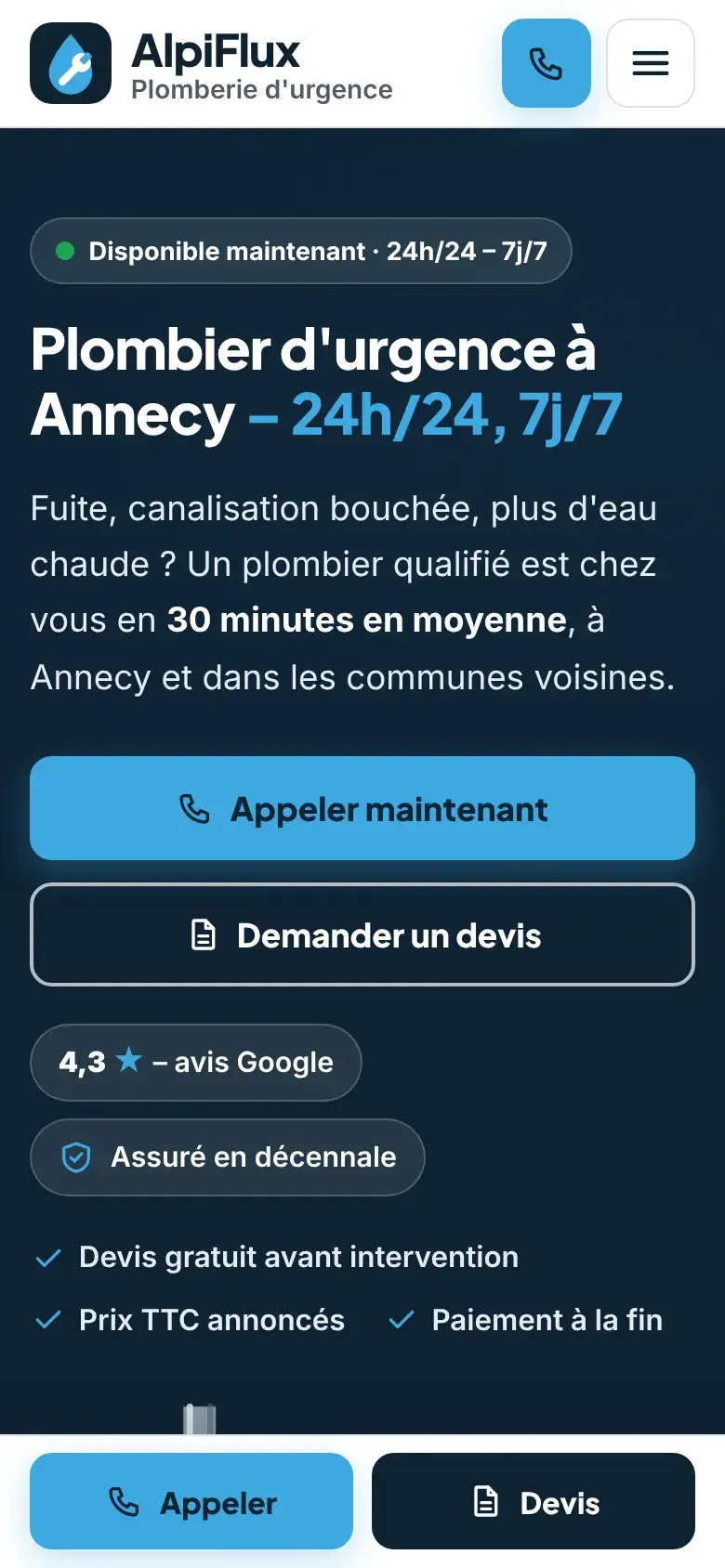 Haut de la page d'accueil du projet modèle AlpiFlux, sur téléphone