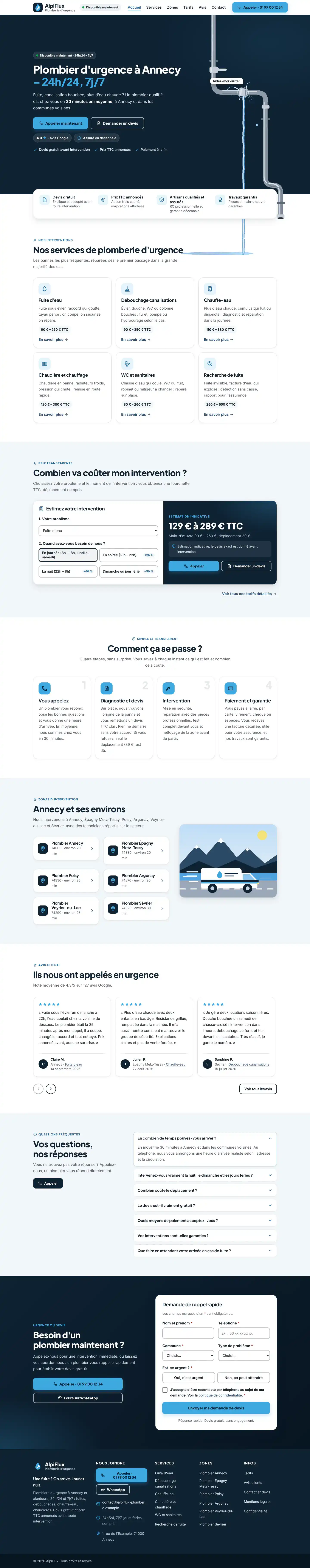 Page d'accueil du projet modèle AlpiFlux (plombier d'urgence 24 h/24 à Annecy), vue sur ordinateur