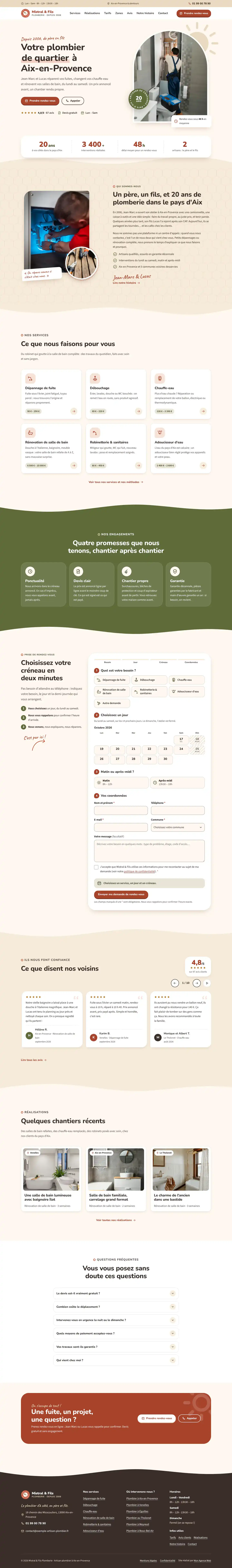 Page d'accueil du projet modèle Mistral & Fils (artisan plombier familial à Aix-en-Provence), vue sur ordinateur