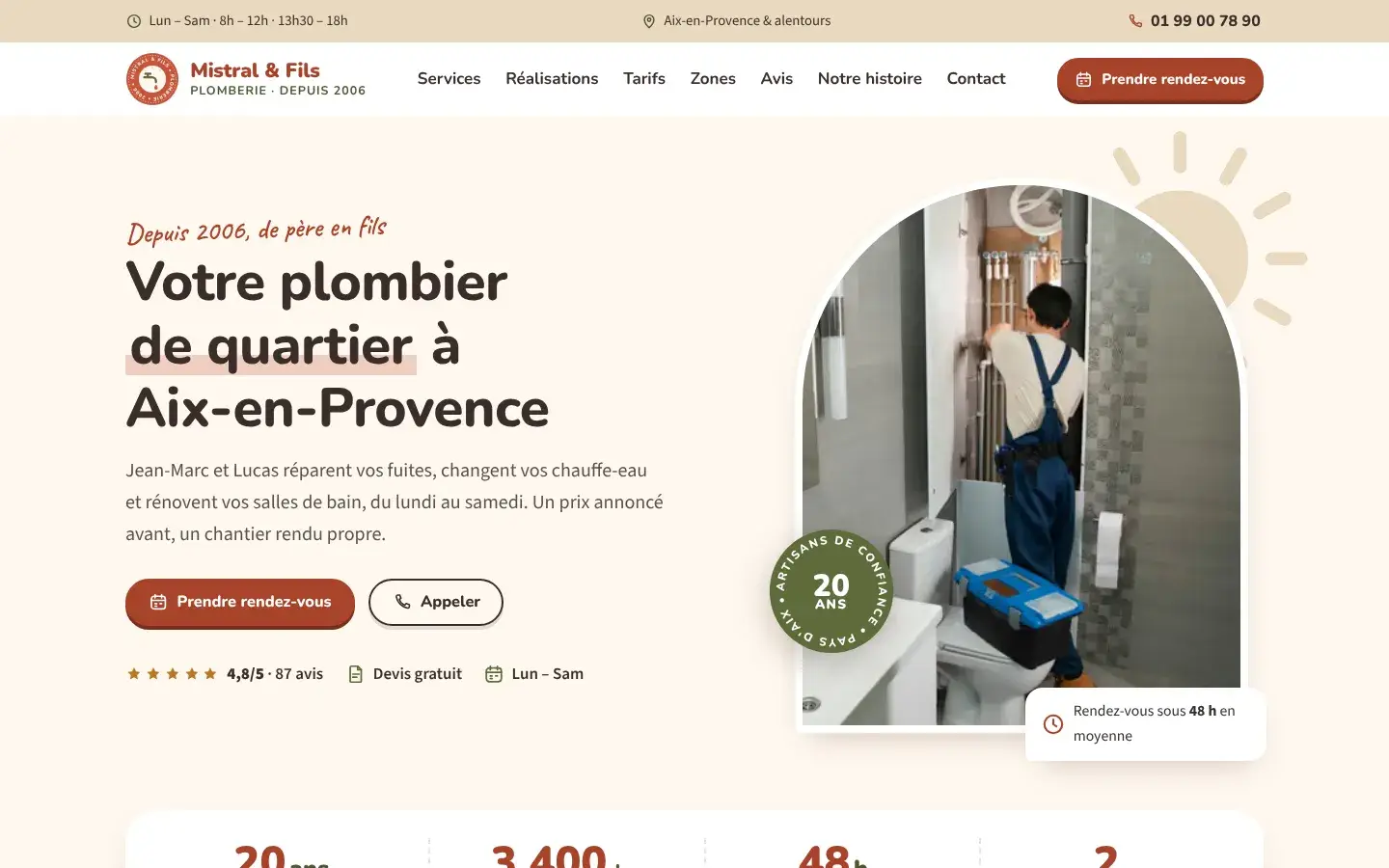 Haut de la page d'accueil du projet modèle Mistral & Fils, sur ordinateur